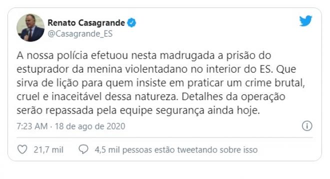 Governador do ES, [link https://twitter.com/Casagrande_ES?s=20|Renato Casagrande] publicou a informação em seu perfil, no Twitter