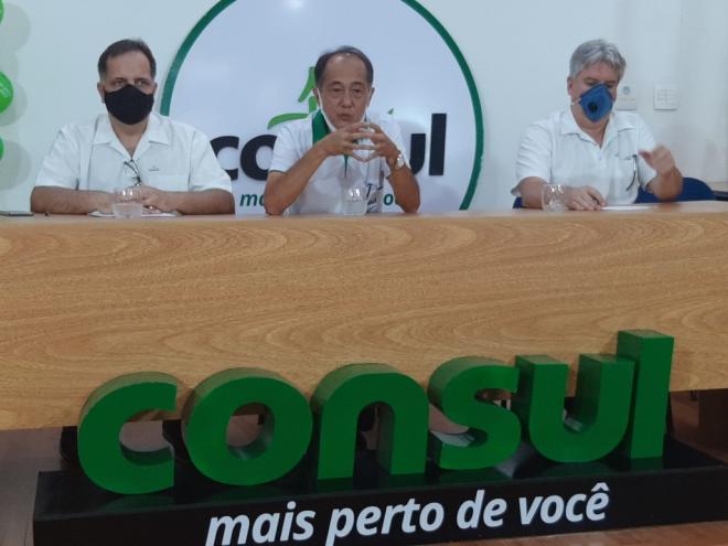Emílio Chain, Adilson Suda e Geraldo Foca, na coletiva com a imprensa