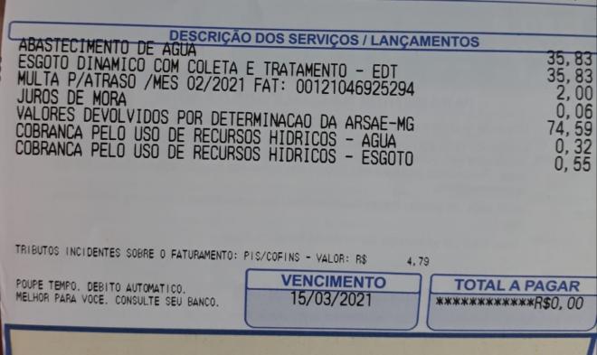 Moradora do bairro Ideal não entendeu o motivo da conta da Copasa ter chegado zerada a sua casa  