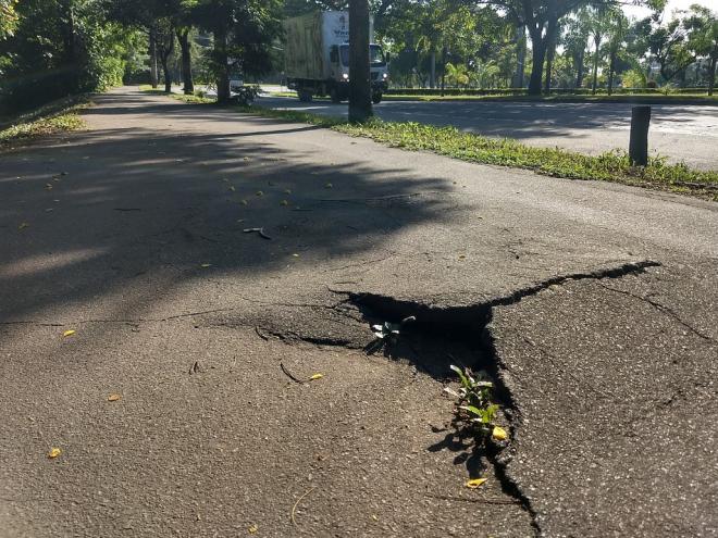 Ondulações e buracos na pista são outros desafios para ciclistas e pedestres que usam a via entre os bairros Iguaçu e Horto 