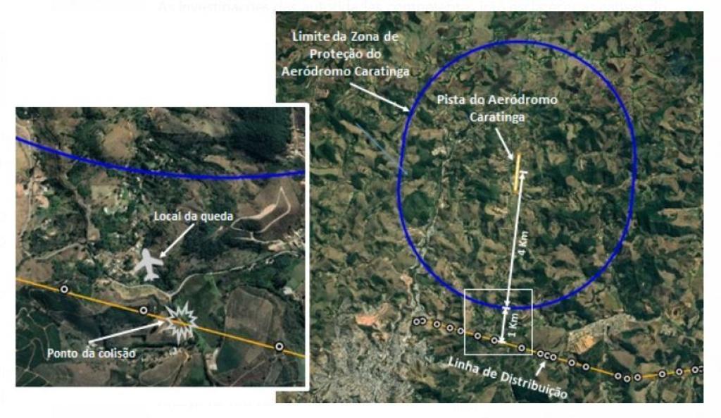Mapas divulgados pela Cemig mostram a posição do aeródromo onde o avião deveria pousar, a área de segurança e a localização da sua rede de transmissão de energia  