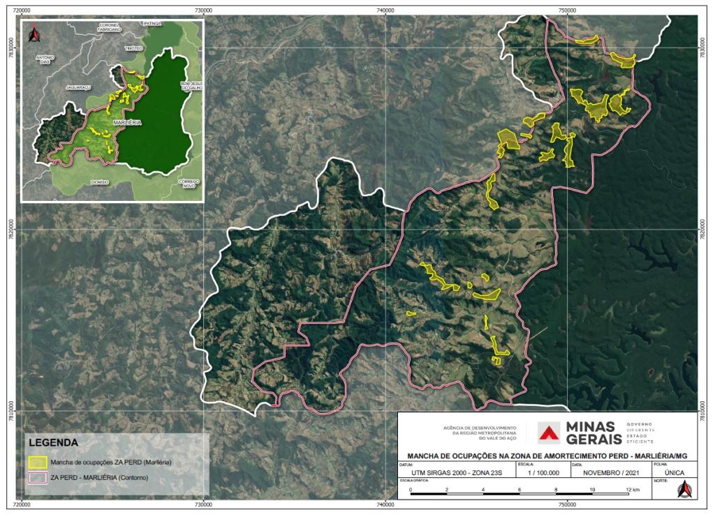 Mapa mostra (em amarelo) as áreas ocupadas em Marliéria no corredor do Parque Estadual 