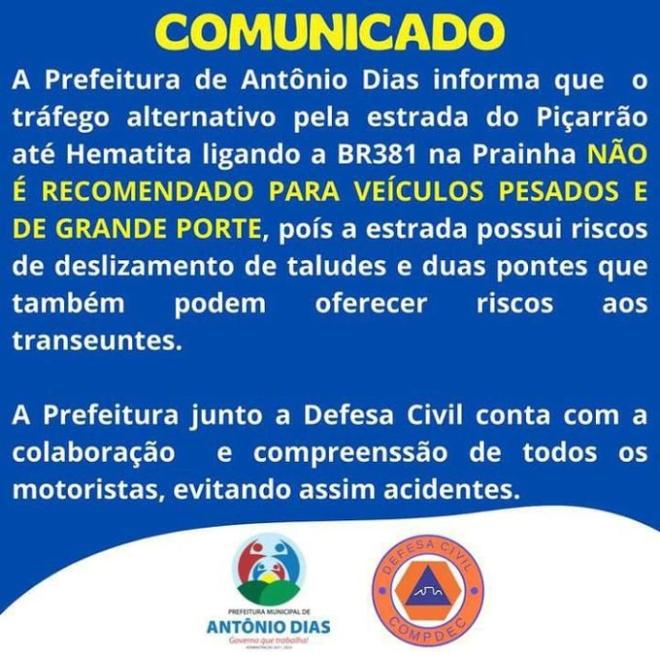 Desde o começo da interdição da BR-381 o município vinha alertando que estrada rural não suportava veículos com cargas pesadas 