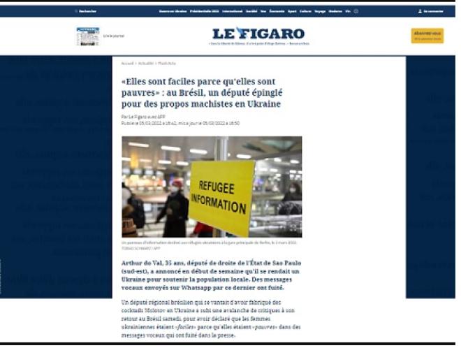 Le Figaro, portal de notícias frânces, noticiou o conteúdo do áudio machista e sexista do deputado Arthur do Val