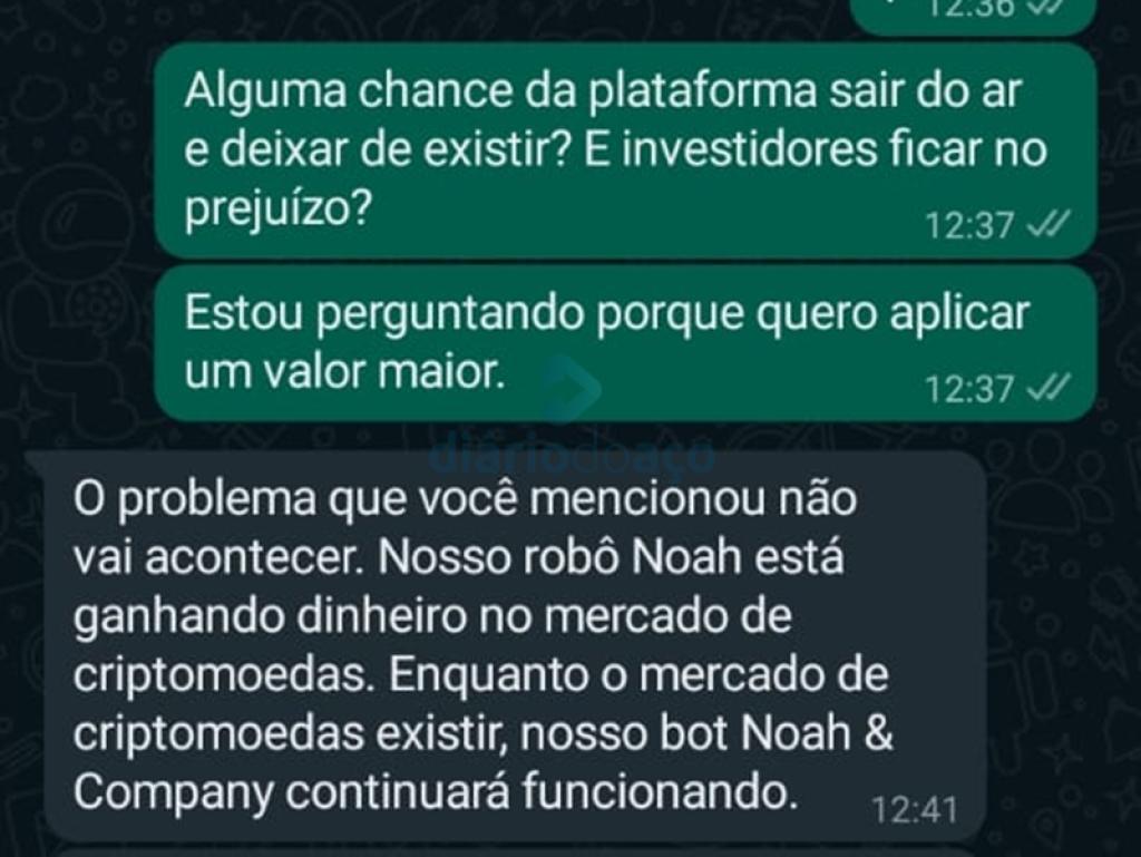Nesta conversa no WhatsApp, a vítima é informada que o investimento é seguro